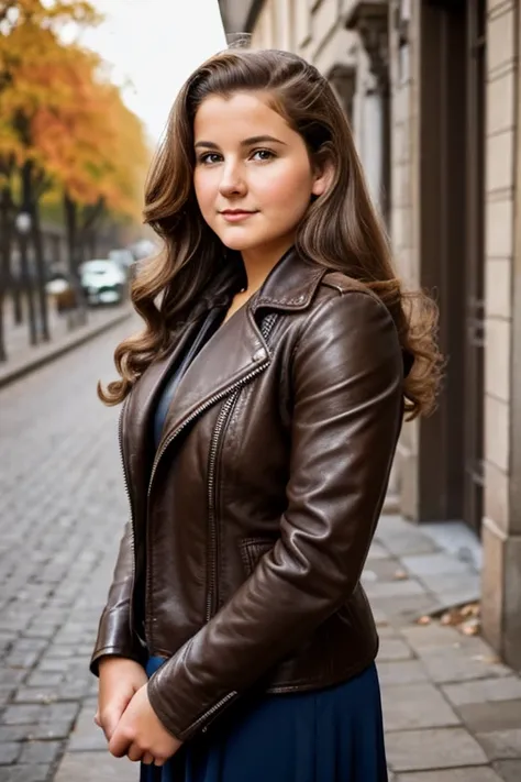 Medium view, of young aged, 16 year old, mom, gilf, milf, face portrait, jewish features, chubby, long hair, brown hair, 1940s hair style, 1940s clothing, leather jacket, in berlin 1936,