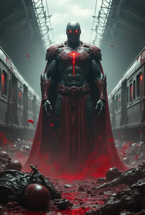 powers,omniman,surrounded by corpses,blood everywhere,destroyed metro,Underground ,accident,villain ,destroyed train