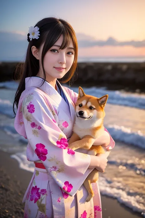 Beautiful female face, ,Vivid and charming eyes, drama, A masterpiece of the finest quality, Realistically, detailed, 8K, High Dynamic Range, Shallow depth of field, Movie Lighting, bloom, Shining, Chromatic Aberration, Clear focus: girl hugging Shiba Inu ...