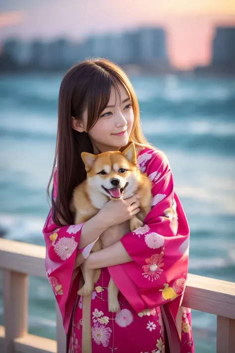 Beautiful female face, ,Vivid and charming eyes, drama, A masterpiece of the finest quality, Realistically, detailed, 8K, High Dynamic Range, Shallow depth of field, Movie Lighting, bloom, Shining, Chromatic Aberration, Clear focus: girl hugging Shiba Inu ...