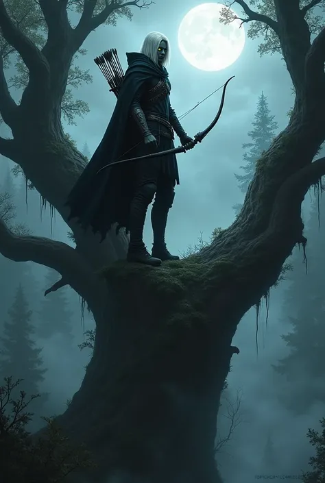 Create the image of a teenage dark elf in a fantasy setting. He is on top of a tall, massive tree, with a threatening expression. His skin is dark gray and he has long, straight white hair., partially hidden by a dark hood. His face is partially covered by...