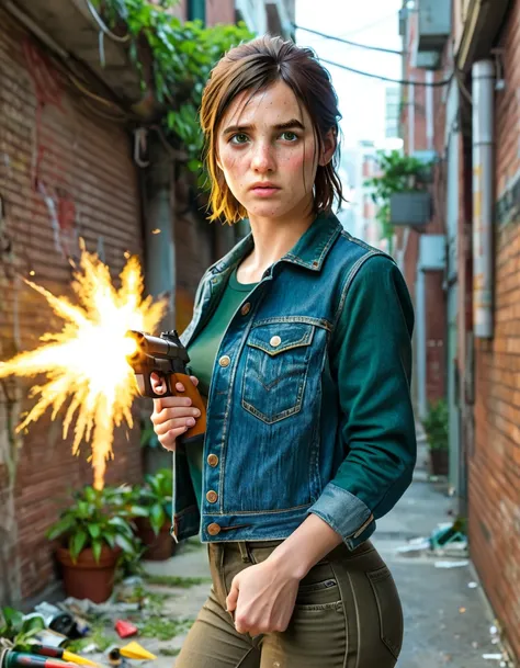 Ellie, chestnut hair, greeneyes, pores on the face, risk on an eyebrow, looking at the spectator, whole body, neckleace, medium breasts, dark green shirt, holding AK47, missiles, 正面, brown jeans, dark green denim jacket, alley in the background, plants in ...