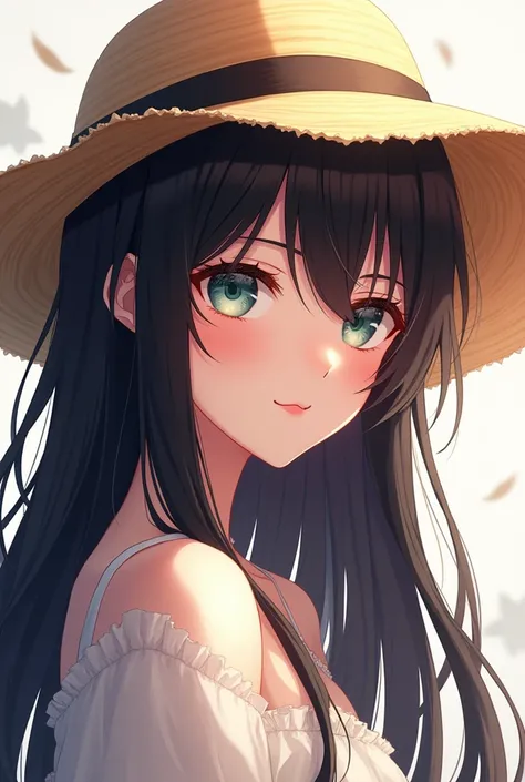 Anime girl with long, black hair wearing a straw hat., 4K anime style, beautiful animated portrait, Moe anime art style, anime art wallpaper 4k, anime art wallpaper 4k, high quality anime art style, anime style portrait, guweiz, guweiz style artwork, detai...