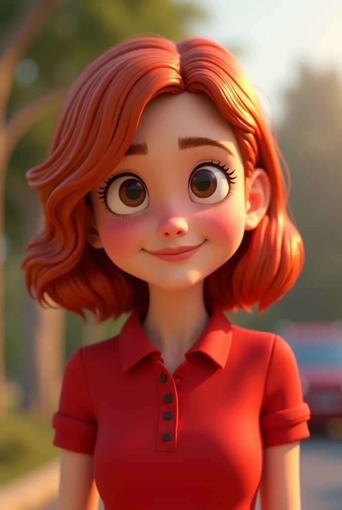 Cartoon characters of a young woman with RED HAIR to the shoulders and a RED POLO shirt animation style rendering, 3D stylized, Arnold Maya rendering, Render 3D stylized, , 3D character, 3D character, Stylized 3D rendering, 3d character rendering, cartoon ...