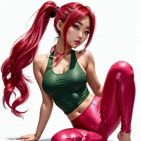 A  beautiful asian female, green eyes, pink long hair, pony tail, see through tank top, red colored leggings, majestic curves