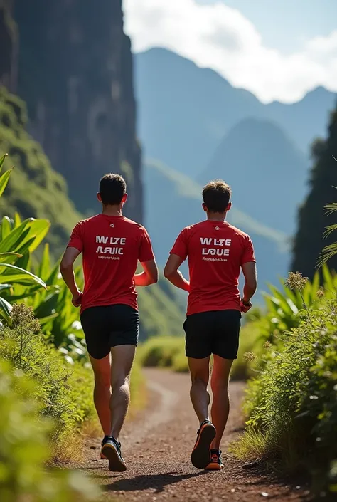 génère une photo sur la diagonale des fous à la réunion 🇷🇪 ultra trail de 175km avec 2 trailers qui ont sur leur t-shirt we need you sponsors