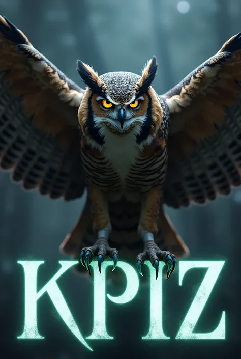 Create a picture of an eagle owl with glowing eyes. The eagle owl spreads its wings. Below the eagle owl are the letters UKO. Below it is written small KPIZ. All letters light up. Everything is capitalized. 
it is dark. Der Uhu ist aggressiv. 