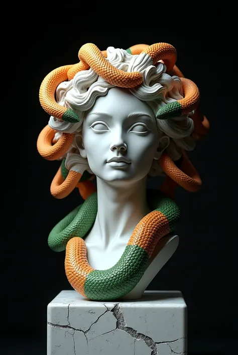 Medusa white marble sculpture with cracks highly detailed and the snakes colored in the colors of Indian flag colors in dark theme and solid black background