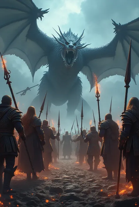 Create me an image with a dark and gloomy tone, with an army of World of Warcraft-style warriors, carrying weapons such as swords, axes, bows, crossbows, and staffs of ice and fire magic. There should be dragons in the sky representing the warriors, with f...