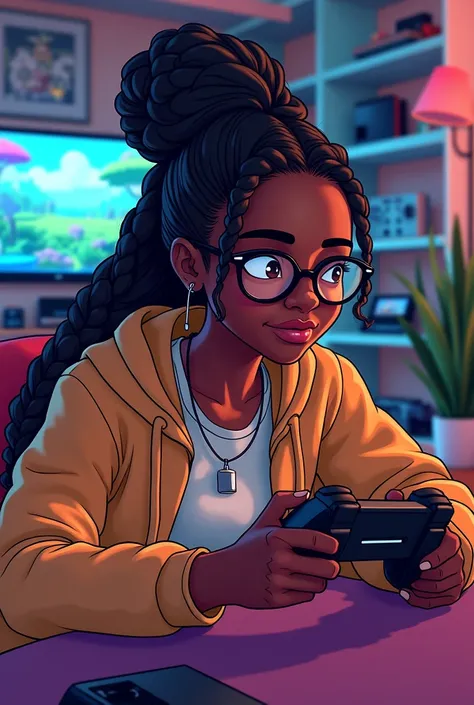 Create a 20 year old black girl with box braids and round glasses playing video games in a drawing

