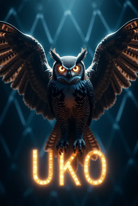 Create a picture of an eagle owl with glowing eyes. The eagle owl spreads its wings. Below the eagle owl are the letters UKO. All letters light up. Everything is capitalized. 
it is dark. The eagle owl is detailed. 

In the background is black diamond patt...