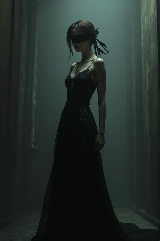 "a woman wearing a black dress with lace, standing in a room. She is dressed in a way that covers her face, with a blindfold on her head. The room appears to be dimly lit, adding a mysterious atmosphere to the scene. The womans dress is long and elegant, a...