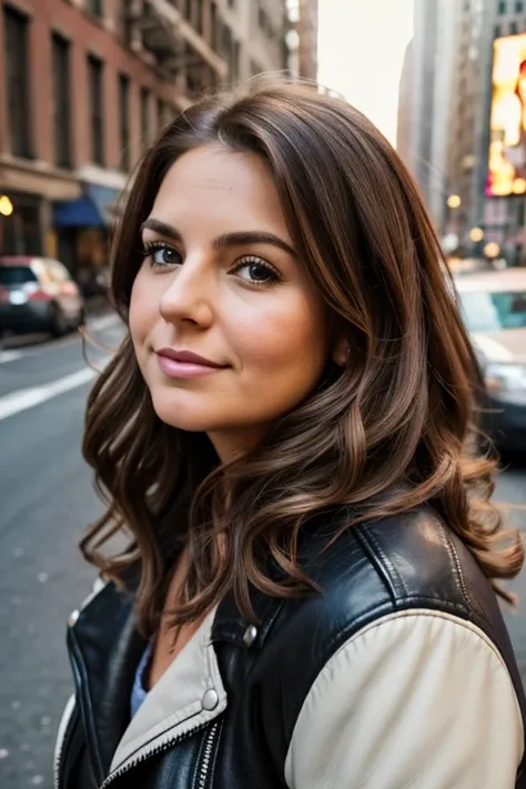 Medium view, of young aged, 25 year old, mom, gilf, milf, face portrait, jewish features, chubby, long hair, brown hair, curly hair, spring clothing, leather jacket, in new york, sweaty