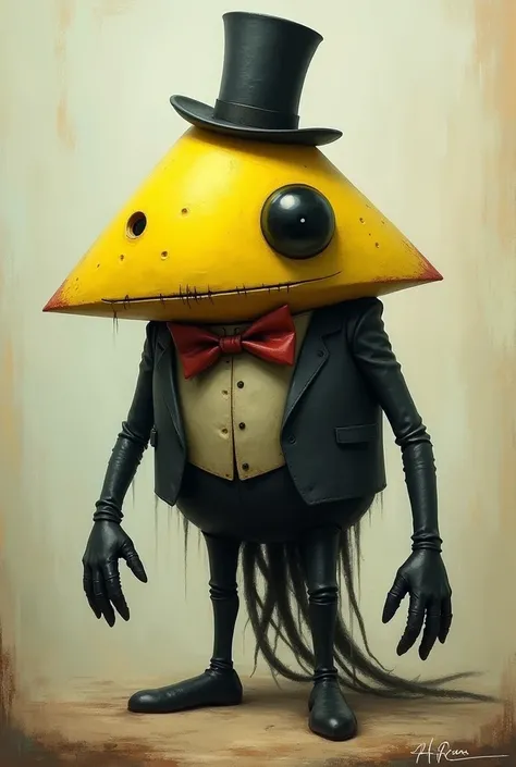 yellow triangle with one eye, bowtie, tophat and black limbs has 4 fingers on hands no mouth or smile with tentacles in pussy