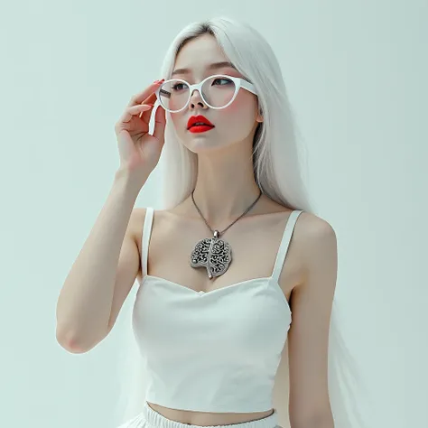 A woman with long white hair,will wear a white trop and a white skirt,I want her with white glasses and red lipstick,I want her wearing a silver brain necklace,I want her to pose holding her glasses