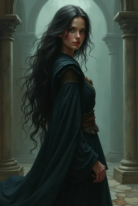 [subject], 1970s dark fantasy book cover art. (Rapunzel) Gloomy style. A woman with long hair down to her back, curly, dark. Brown eyes, a smile, a villain. Dressed in a bards robe