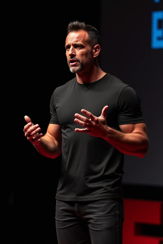 A muscular Italian man in his late 40s with a Greek god physique. He is wearing a silky black fit tshirt and jeans. He is at a tedx conference. Captured mid-speech.