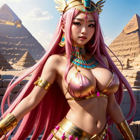  beautiful asian female, pink long hair, perky breast, big perky breasts, cosplaying an egyptian goddess.l, pyramid background