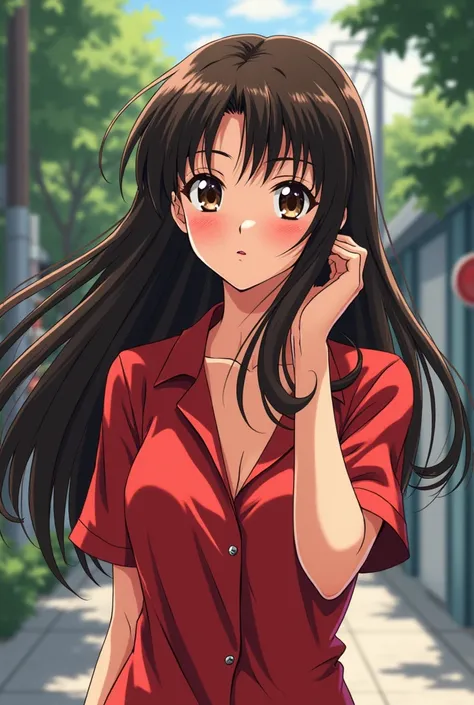 90s anime style，tmasterpiece，best qualityer，highest  quality，realisticlying，perfectanatomy，perfectface，Perfect eyes, 1girll，solo，brunette color hair，shift dresses，eBrown eyes，Red dress，blacksilk， pyjamas，exteriors