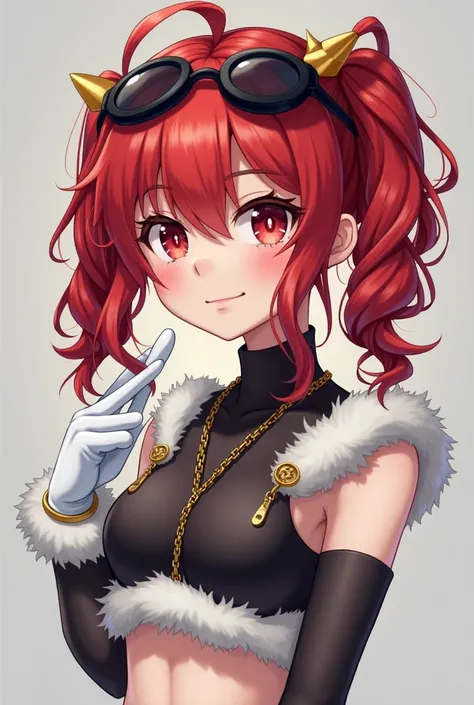 A red-eyed cutie with red hair in fringes and a pigtail hairstyle with braids and a cropped top with white fur and white gloves and white glasses with black lenses on her head
