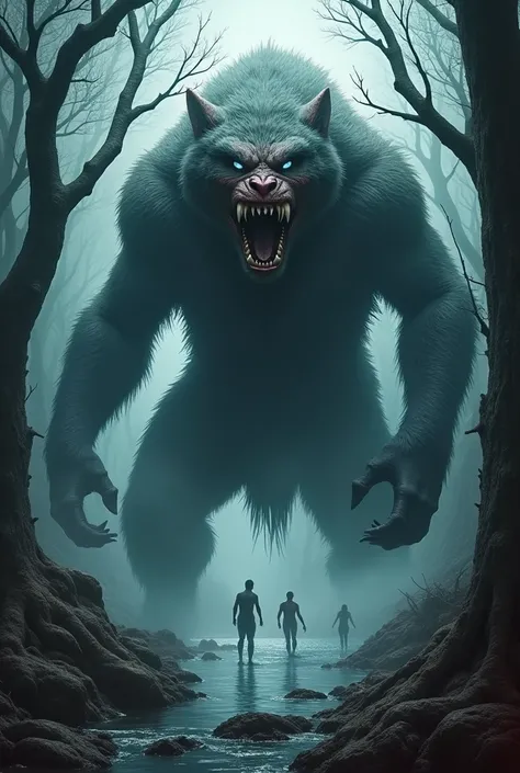 a hairy monster,  but he has a big and very noticeable smile, your teeth are actually blades that are covered in blood, your body is covered in blood, His eyes are huge with a dark blue chlorine, he is huge, and is behind dark trees in an extreme and terri...