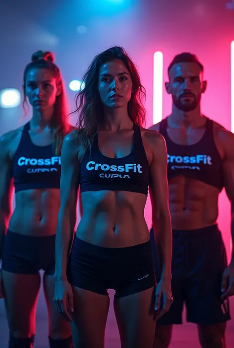 Create a poster for instagram using this text  "Crossfit Cupra tournament". Add drama and neon lights. 2 young athletes females and 2 strong male athletes, wearing sports clothes with the text Crossfit Cupra
