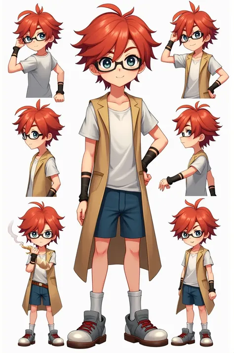 A boy, with genshin impact style, has short hair, He has glasses, and he has a slightly long vest and a short one, the shorts are blue, and the vest a light brown, has red hair, and black eyes, He is making various poses.