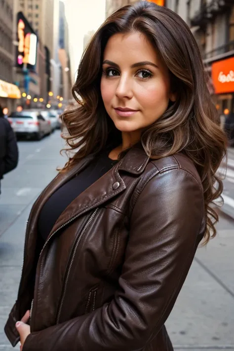 Medium view, of young aged, 25 year old, mom, gilf, milf, face portrait, extreme jewish features, chubby, long hair, brown hair, curly hair, spring clothing, leather jacket, in new york,