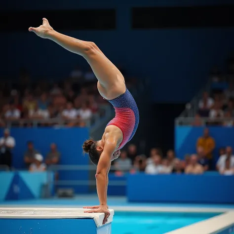 worlds most beautiful female competitive diver, reverse handstand on diving platform, excellent form, legs straight, toes pointed, one-piece swimsuit, vagina print cameltoe, beautiful toned body, excellent round ass, wet, associated press shot, masterpiece...