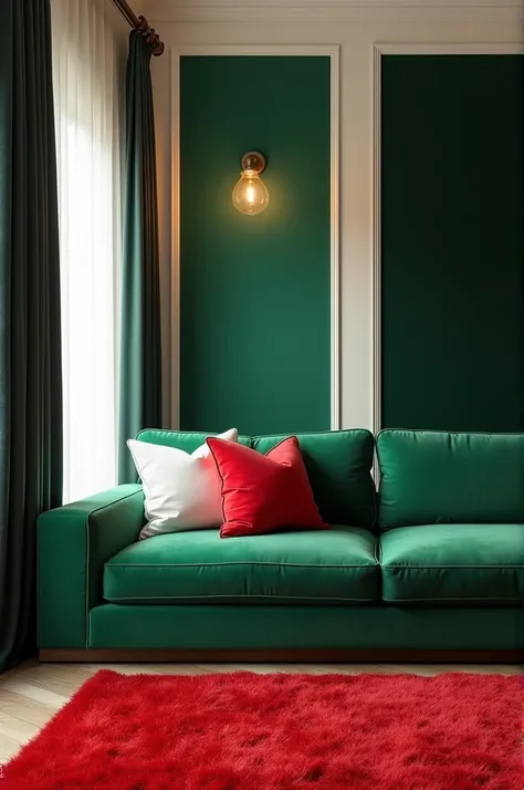 A room with cream white walls black curtains with a emerald green cutting at the middle red carpet Mr Green couch with three through pillows which two of them are white and a red one in the middle