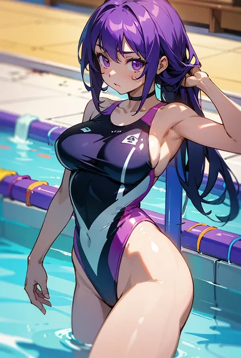 a drawing of a young woman posing in a swimsuit with goggles, 1girl, swimsuit, solo, one-piece swimsuit, purple eyes, breasts, y...