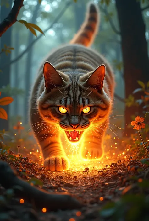 Angry cat spitting fire over ants in the woods