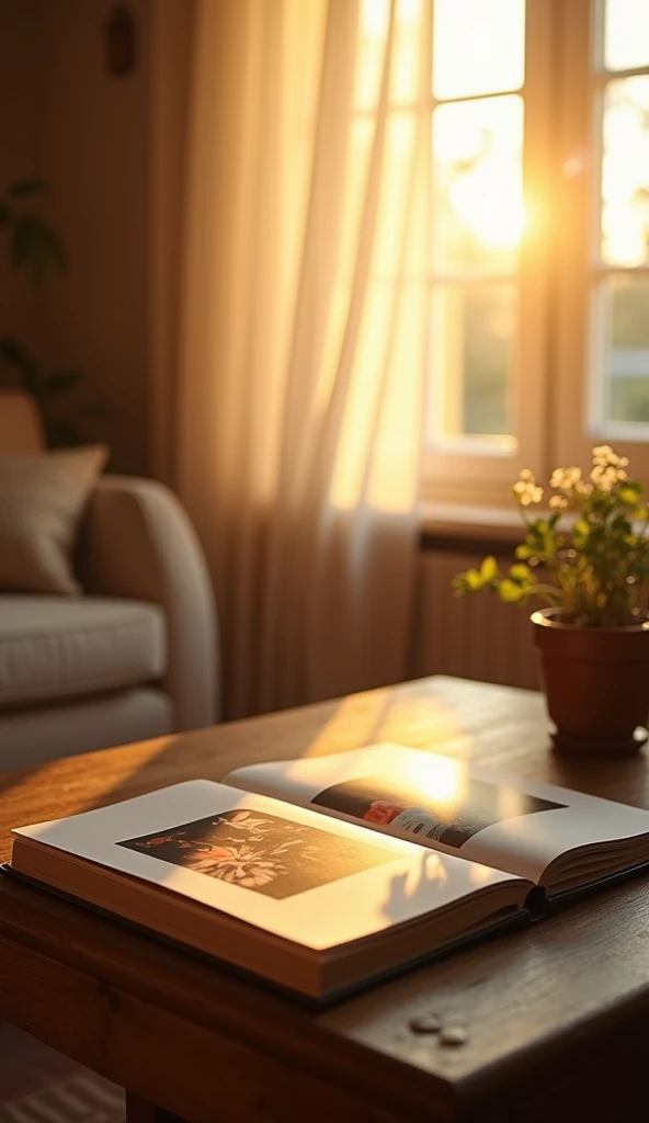 a warm scene.early morning,The sun shines through the curtains.Photo album taken on the table,Relive the happy and beautiful times。