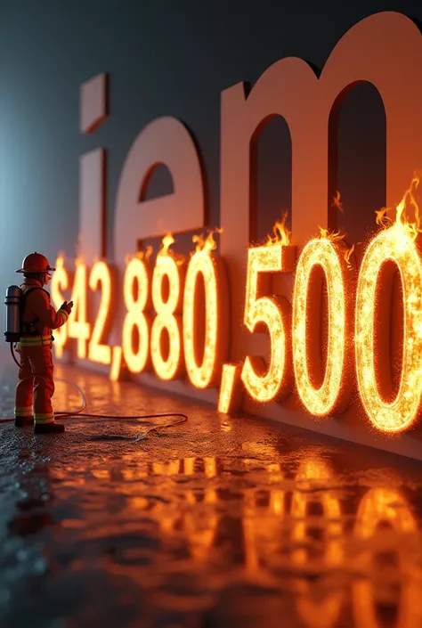 (photorealism:1.2),Large number $42,880,500.00 at the top and center with the edges of the letters on fire, with a smaller firefighter putting out the fire with a water hose, background with the text JEM in semi-transparent letters