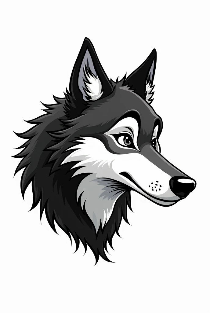 A black and white drawn wolf looking sideways just the head animated