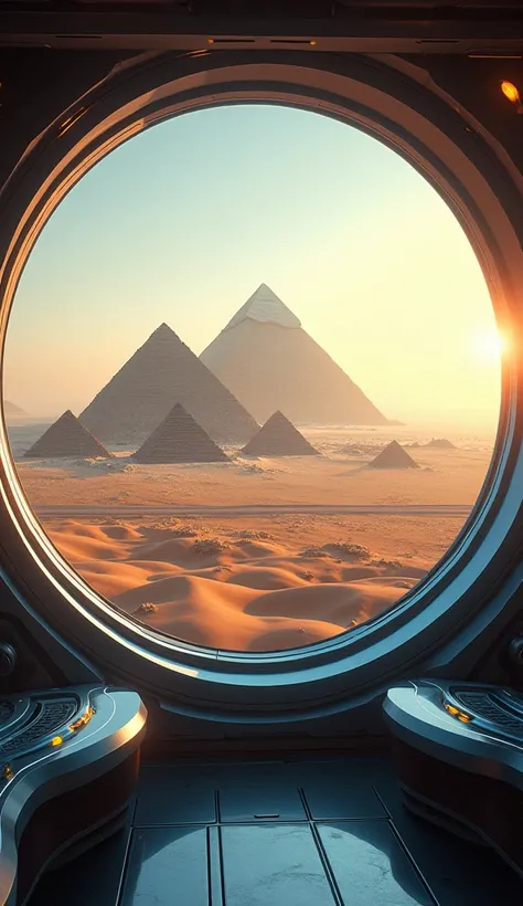 "Create an image of the view from inside an alien spacecraft, showing the pyramids of Egypt from the outside. The scene should include the ship&#39;s cabin with futuristic control panels and large windows., through which you can see the pyramids built in t...