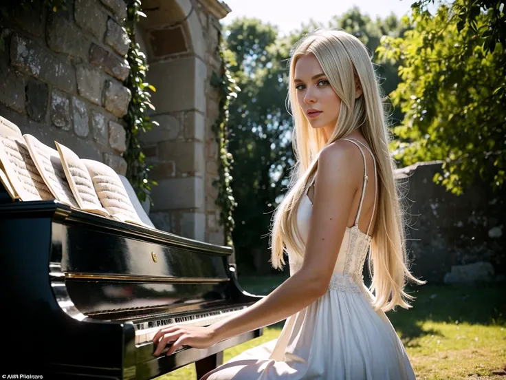 Create a high-quality image of a blue-eyed blonde Scandinavian woman playing the piano. The girl is dressed in an elegant white dress and stands behind a black piano on a battlefield surrounded by ruined walls and broken weapons.
The piano looks antique an...