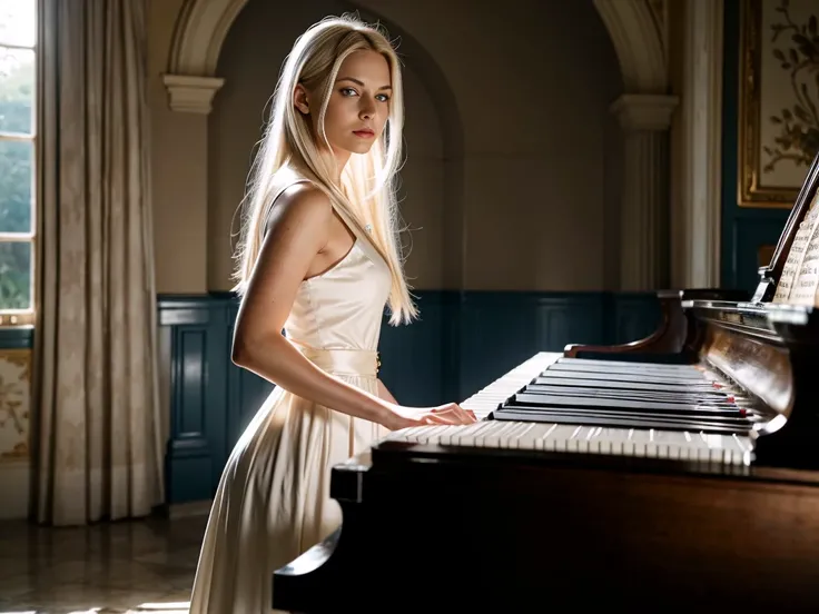 Create a high-quality image of a blue-eyed blonde Scandinavian woman playing the piano. The girl is dressed in an elegant white dress and stands behind a black piano on a battlefield surrounded by ruined walls and broken weapons.
The piano looks antique an...