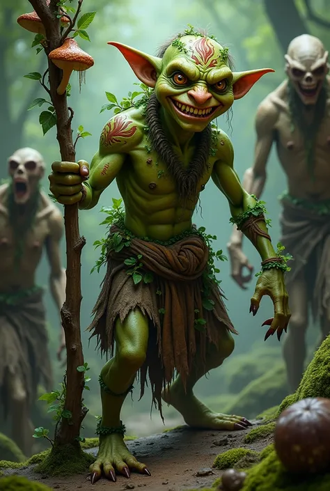 Uma imagem em estilo fotogragia  de um druida dos esporos, do jogo dungeon and dragons,   goblin verde simpatico, seu sorriso mostra seus dentes serrilhados e afiados ,ele é  magro e bem baixo, tem 1,30 de altura, sua mao tem uma tatuagem tribal vermelha e...