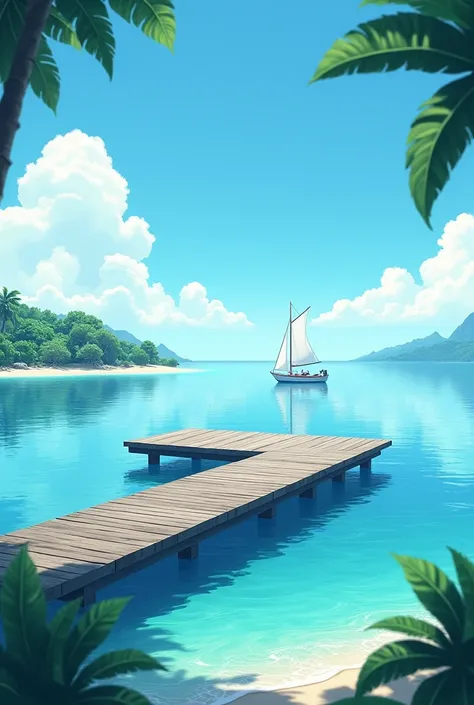 completely rectangular dock on an island, Let it just be a rectangle and a boat sailing

