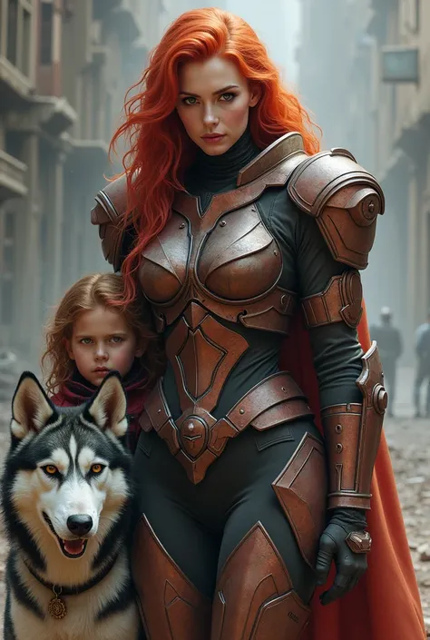 a red hair baird girl big breasts Curve waist in Mjolnir powered assault armor Mk. IV helmet on  with a child standing next to her with husky