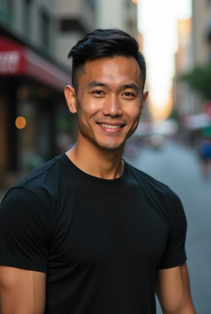 1 Man HD Photo 8K Photo Thai Face Good Body Wearing Black T-Shirt Blurred Background In City