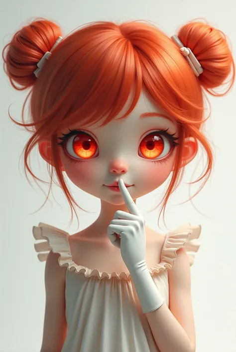 A cute girl with red hair, pigtails and red eyes wearing a white furry dress and a white furry glove
