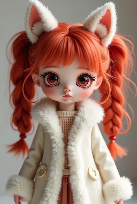 A cute doll with red hair, pigtails, braids and red eyes, a white furry jacket and a white furry glove.
