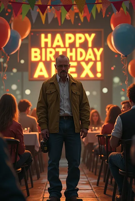 walter white at alex&#39;s birthday, a large text that says: HAPPY BIRTHDAY ALEX!
