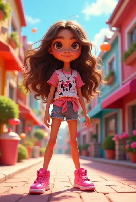 approximately  with brown wavy hair and honey colored eyes wearing a Disney Minnie Mouse printed blouse with pink Nike Jordan sneakers, Pixar-style
