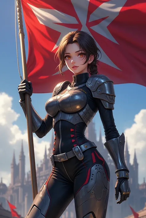 Anime military girl with iron guard flag behind 