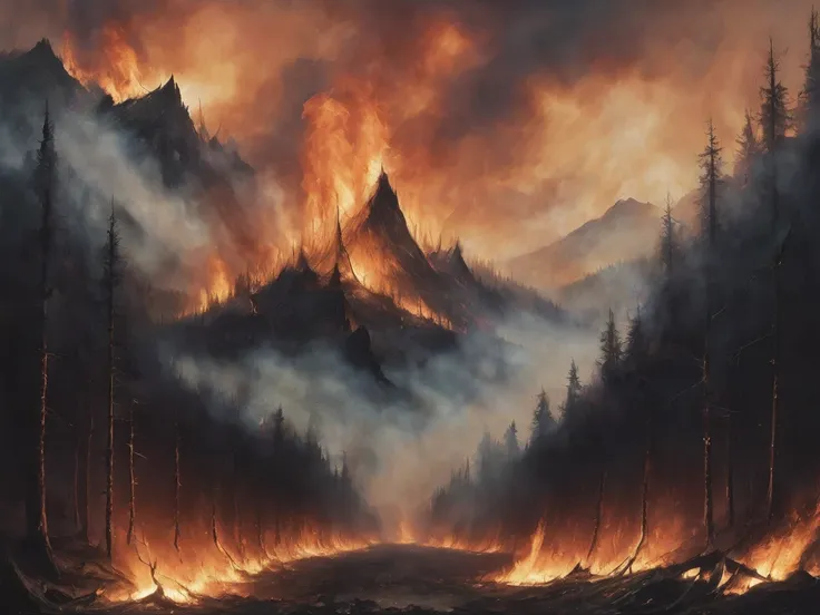 fantasy, mountains, forest fire in the distance, letitbrn