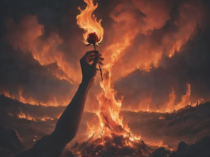 hand holding a rose on fire