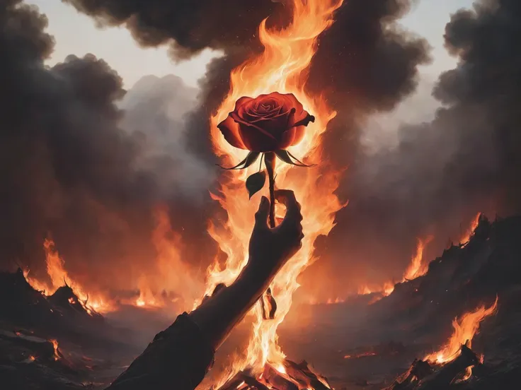 Hand holding a rose on fire